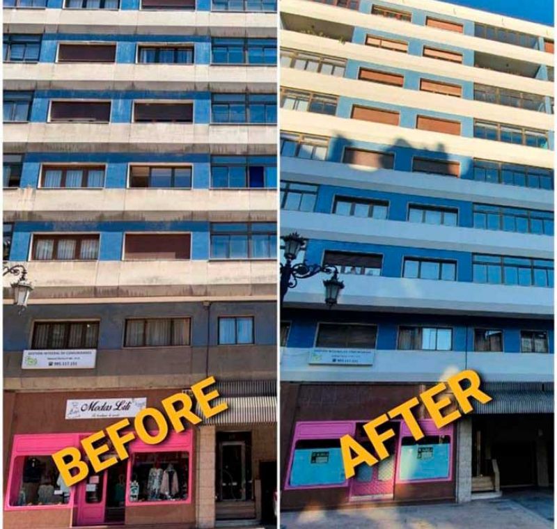 Comparación de fachadas antes y después de limpiar